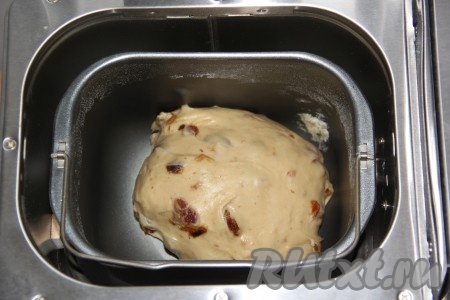 Во время замеса теста нужно следить за формированием колобка. Если колобок теста будет жидковат - тогда добавьте немного муки и, наоборот, если колобок будет излишне плотным - тогда долейте немного молока комнатной температуры. По звуковому сигналу добавить изюм в тесто.