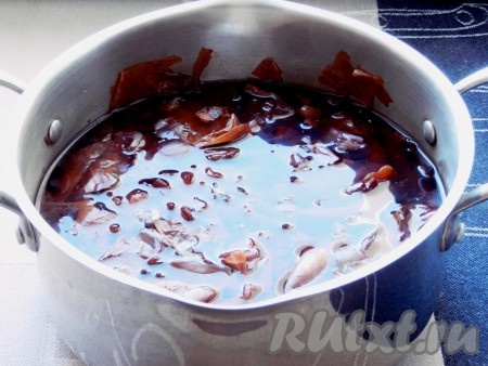 Залить водой и поставить на огонь. Довести до кипения и проварить в течение 10 минут. Затем накрыть крышкой оставить на ночь. За ночь отвар настоится и цвет будет более насыщенным.