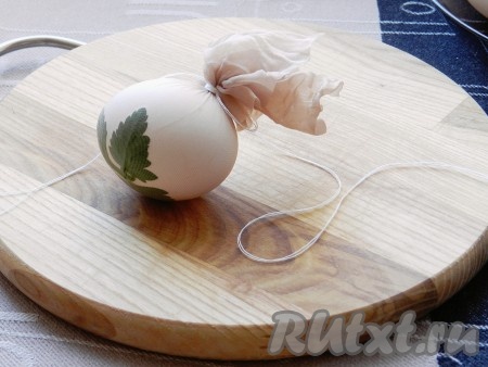 Плотно обернуть яйцо капроновой тканью, натянуть, чтобы листик не двигался и крепко связать нитью концы ткани.