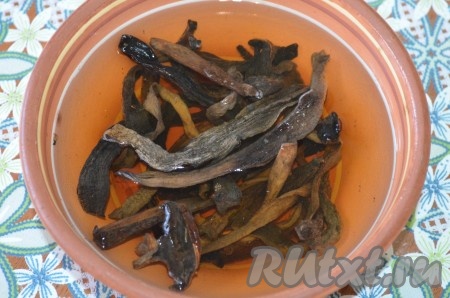 Сушёные грибы тщательно промыть проточной водой, затем переложить в миску, залить полностью холодной водой и оставить на 1 час (или на ночь), затем воду слить.