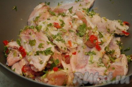 Тщательно перемешать крылышки с полученным овощным маринадом.