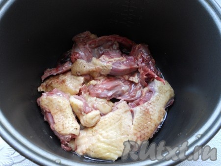 Утку порезать на части, выложить в чашу мультиварки, влить растительное масло. Выставить программу "Жарка" или "Выпечка" на 20 минут. Утку посыпать специями и посолить. В процессе жарки кусочки утки следует перевернуть.
