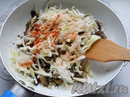 Добавить в сковороду тонко нашинкованную капусту. Посыпать паприкой.