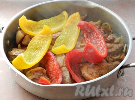 Болгарский перец очистить от семян и плодоножки, промыть водой, нарезать вдоль достаточно крупно (можно использовать и замороженный достаточно крупно нарезанный перец), слегка подсолить. К свинине, обжаренной с луком,&nbsp;добавить болгарский перец, влить 100 миллилитров (можно чуть больше) воды. Дать воде закипеть, уменьшить огонь, накрыть сковороду крышкой. Тушить свинину с болгарским перцем на медленном огне минут 45 (до мягкости мяса), периодически перемешивая.
