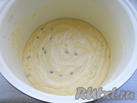 Тесто выложить в чашу мультиварки, хорошо смазанную сливочным маслом. Закрыть крышку мультиварки.