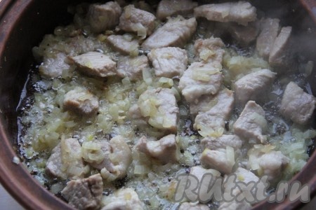 К мясу добавляем мелко рубленный лук и тушим до прозрачности лука.
