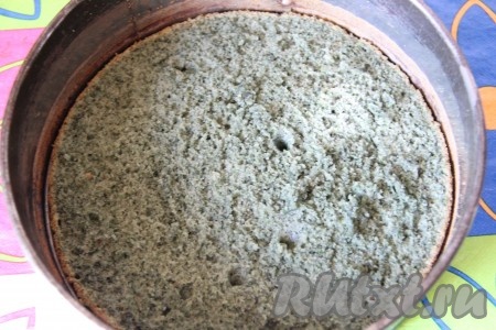 Полученное тесто вылить в форму диаметром 20 сантиметров, застелив дно пергаментной бумагой. Выпекать бисквит в разогретой духовке при температуре 180 градусов 25-30 минут. Готовый бисквит остудить и разрезать на два коржа. Один из коржей мятного бисквита уложить на дно формы.
