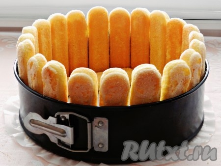 Выложить печенье по окружности формы для выпечки, ставя савоярди на срез.