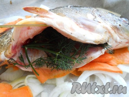 В форму для запекания (лучше застелить пергаментом) влить растительное масло, выложить слой репчатого лука, порезанного кольцами или полукольцами. Лука не жалейте, он получается безумно вкусным! На лук - тонко порезанные кусочки свежей моркови. На подушку из овощей поместить рыбку. В брюшко вложить пару веточек свежего укропа.