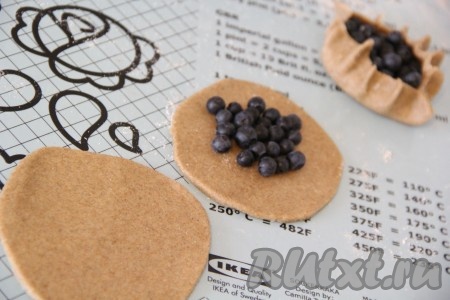 Разделить тесто на небольшие части. Каждую часть теста раскатать скалкой в круг. На середину теста выложить ягоды. Ягоды предварительно помыть и обсушить. Края теста защипнуть (как на фото). Форму калиткам можно придать круглую или овальную.
