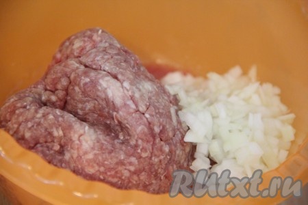 Лук очистить и мелко нарезать. Можно измельчить лук в мясорубке или с помощью блендера. Добавить лук в фарш, посолить по вкусу. Можно добавить любые приправы по вкусу.
