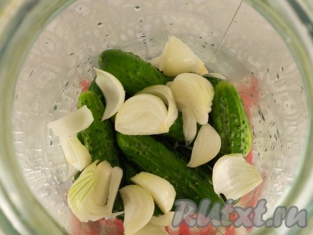 Далее выложить огурчики и репчатый лук, разрезанный на части.