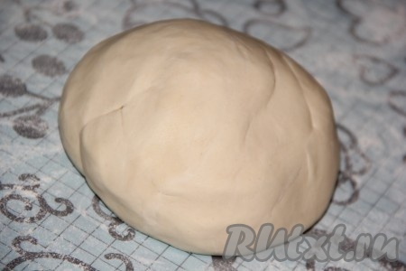 В глубокую миску влить воду, добавить растительное масло и соль. Затем постепенно всыпать просеянную муку. Тщательно перемешать ложкой. Как только тесто соберётся в ком, выложить тесто на силиконовый коврик. Присыпая тесто мукой, хорошо его вымесить. Тесто должно получиться упругим, гладким, эластичным и не липнущим к рукам. 