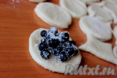 На середину каждого кружочка положить по 1/2 чайной ложки черники, посыпать сахаром (или сахарной пудрой).
