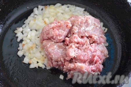 Для начинки обжарить на растительном масле на среднем огне до золотистого цвета нарезанную кубиком луковицу, добавить фарш.
