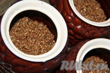  Разложить гречку по горшочкам (я взяла 4 горшочка объёмом по 480 миллилитров), заполняя их меньше, чем на половину.