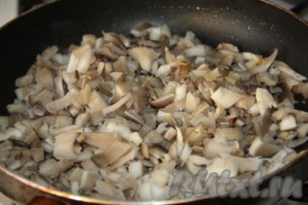 Вешенки промываем, обсушиваем и нарезаем достаточно мелко. После того как лук приобретёт золотистый оттенок, добавляем нарезанные грибы. 