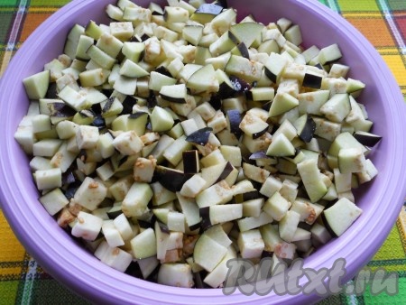 Баклажаны нарезать маленькими кубиками, хорошенько посолить их и оставить на 30 минут.