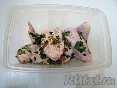 Полученной смесью натираем крылышки, перекладываем их в ёмкость, закрываем крышкой и отправляем на ночь в холодильник (у нас в холодильнике находились сутки).
