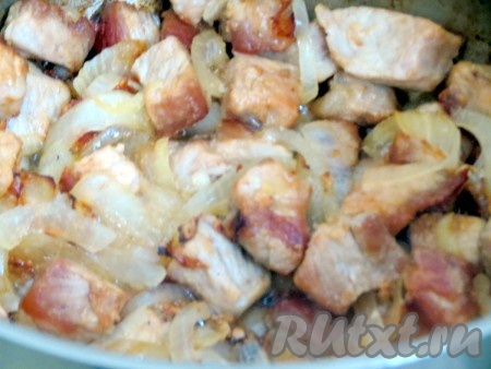 Обжариваем мясо с луком, периодически помешивая, до тех пор, пока лук не станет прозрачным.