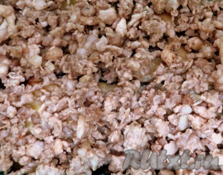 Фарш выкладываем на холодную сковороду с растительным маслом, добавляем к нему мелко нарезанный лук и жарим, помешивая, до тех, пока не испарится жидкость, продолжаем жарить ещё 2-3 минуты, газ выключаем. Солим и перчим. Фарш не должен пересохнуть, он должен оставаться сочным.