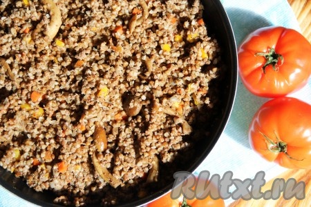 Во время готовки не нужно перемешивать гречку. В конце готовки вся жидкость испарится и тогда можно будет хорошо перемешать и снять с огня. Дать нашему блюду настояться в течение 10-15 минут и можно подавать к столу. Вот такая ароматная и аппетитная гречка с фаршем и грибами у нас получилась.