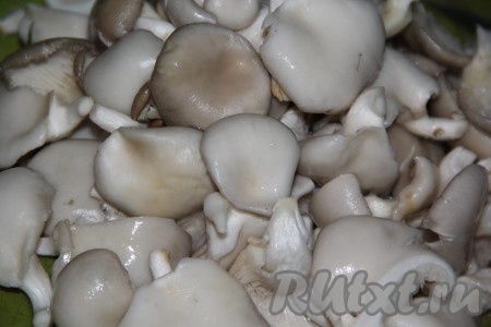 Срезать у вешенок корешки, если они есть. Выложить вешенки в дуршлаг, тщательно промыть под проточной водой, затем дать лишней воде стечь.