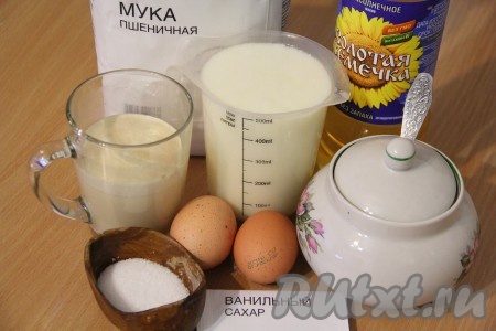 Подготовить продукты для замешивания теста для оладий на сухих дрожжах и кефире.