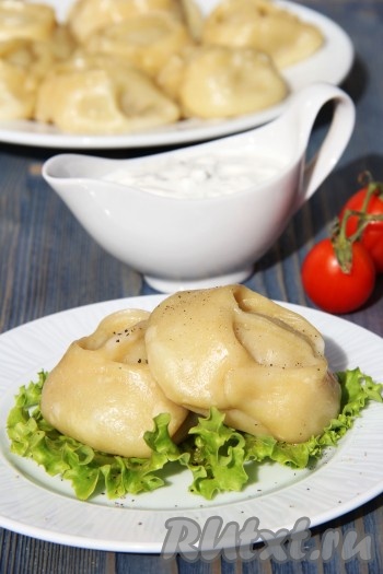 Готовые манты с фаршем аккуратно переложить на плоскую тарелку и подать в горячем виде. Сметанный соус с чесноком прекрасно дополнит манты. Для приготовления соуса в сметану нужно добавить пару зубчиков чеснока, пропущенных через пресс, и хорошо перемешать. Можно ещё добавить в соус рубленную зелень, например, укроп или петрушку. Манты с фаршем, приготовленные по этому рецепту, очень нравятся нашей семье, надеюсь, понравятся и вам.
