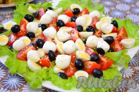 Перед подачей посыпать кунжутом, обжаренным на сухой сковороде. Вкусный, красивый и аппетитный салат с моцареллой и помидорами черри готов.
