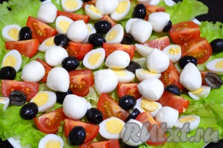 Затем выложить шарики сыра моцарелла и маслины. Посолить, поперчить, полить оливковым маслом.
