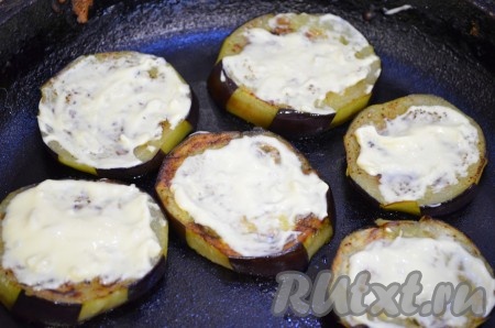 Фому для запекания смазать растительным маслом. Обжаренные кружочки баклажана выложить в форму для запекания, слегка смазать их смесью майонеза с чесноком.
