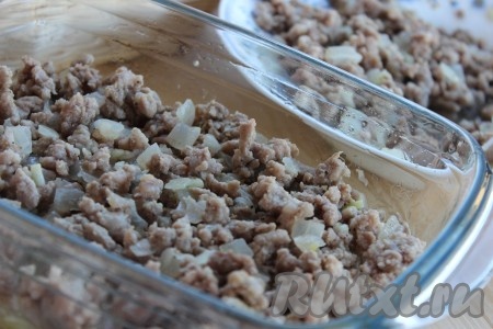 Сверху выложить фарш и аккуратно разровнять.