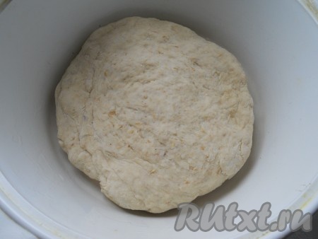 Молоко смешать с теплой водой и вливать эту смесь частями в углубление в муке, постепенно замешивая тесто, вначале ложкой, а затем - руками. Тесто долго месить не нужно, оно получится плотным и немного липким.