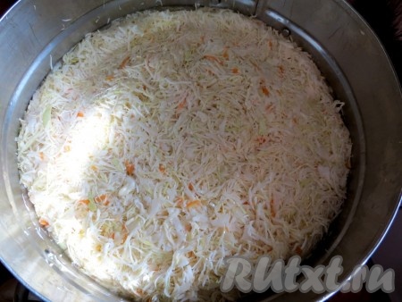 Тщательно перемешиваем капусту с морковью и уплотняем в большой ёмкости. Заранее кипятим воду, в которую добавляем соль и сахар, по желанию несколько лавровых листьев и столовую ложку перца горошком. Варим рассол до растворения соли и сахара.
