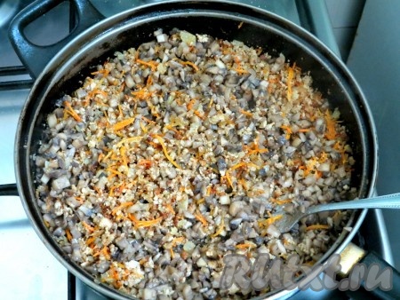 Соединяем вместе горячий фарш, лук с морковью и шампиньоны, солим, перчим.
