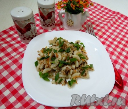 К фаршу с грибами добавляем отваренные макароны, перемешиваем, солим, перчим. А на тарелках украшаем по желанию зелёным луком. Макароны с фаршем и грибами - простое, вкусное и сытное блюдо, которое стоит приготовить для своих близких.
