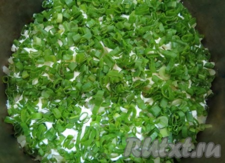 Последним слоем у нас идёт мелко нарезанный зелёный лук. Снимаем кольцо формы. В принципе, салат с колбасой, картофелем и морковью готов, украсить его можно по своему вкусу. Я предлагаю украсить эффектными ромашками из редьки и моркови.
