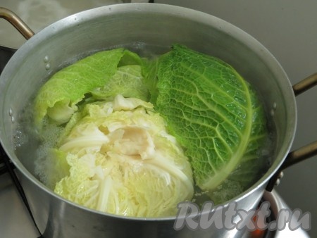 Помещаем капусту в кастрюлю с кипящей подсоленной водой, даём капусте покипеть 3-4 минуты. Затем листья выкладываем на дуршлаг и сразу отправляем под холодную воду, выключаем воду, даём листочкам немного обсохнуть.