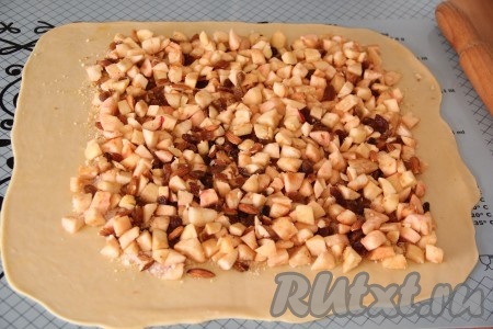 Выложить на тесто яблоки с орехами и изюмом, аккуратно разровнять.
