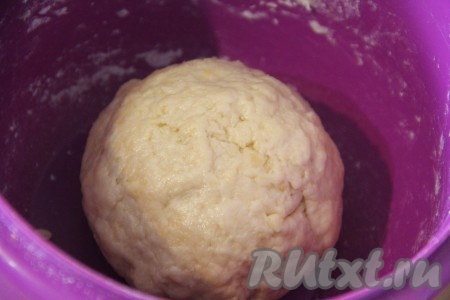 Затем влить масло и воду. Замесить эластичное, мягкое, не липнущее к рукам тесто. Если тесто подлипает, то нужно его припылить мукой и хорошенечко вымесить, пока оно не станет упругим. Готовое тесто завернуть в пищевую плёнку и оставить отдыхать на 30-40 минут.
