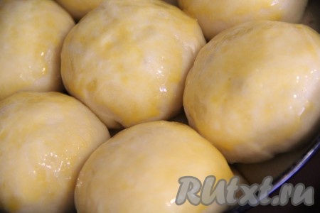 Булочки увеличатся в объёме. Взболтать яичный желток с молоком и смазать поверхность пирога.