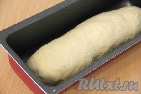 Смазать форму для выпекания растительным маслом и выложить тесто. Накрыть полотенцем и оставить на 1 час в тёплом месте для подъёма.