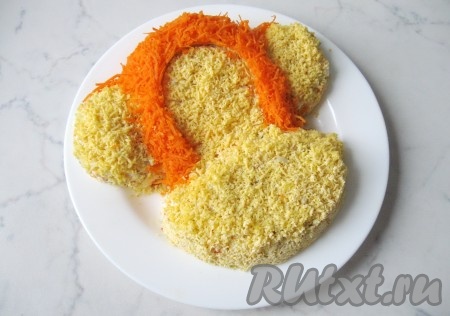 Сырую морковь почистить, помыть, натереть на мелкой терке. Выложить морковь, как показано на фото. Это волосы нашей огненной обезьяны.
