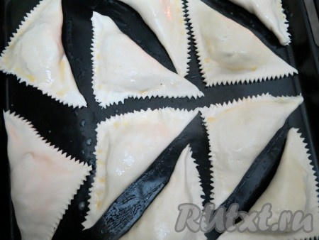 Противень сбрызгиваем водой. Выкладываем на него пирожки с квашеной капустой, смазываем их яйцом, опять-таки, не касаясь линии среза, отправляем в духовку, заранее разогретую до 210 градусов, на 20-25 минут.
