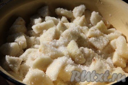 Груши очистить от кожуры, нарезать средними кусочками, засыпать сахаром и оставить на 1 час.
