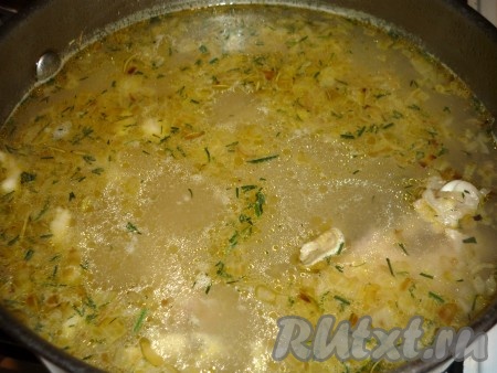 Довести суп до кипения, добавить измельчённый укроп, проварить 1-2 минуты и снять с огня.