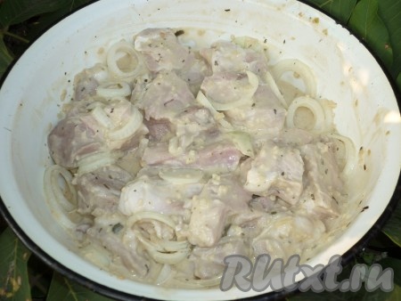 Свинину нарезать на порционные куски приблизительно одного размера, переложить в глубокую миску. Мясо посолить, поперчить, можно ещё посыпать специями (я посыпала сухими итальянскими травами), перемешать. Лук очистить, нарезать на тонкие кольца. Лук нам нужен только для маринования и размягчения мяса, при готовке шашлыка он не понадобится, поэтому старайтесь нарезать его потоньше. Добавить к свинине лук, помять руками, перемешивая, чтобы лук отдал свой сок. К свинине с луком влить кефир, перемешать, накрыть крышкой и поставить миску со свининой в холодильник на 5-6 часов, чтобы мясо для шашлыка хорошо промариновалось.