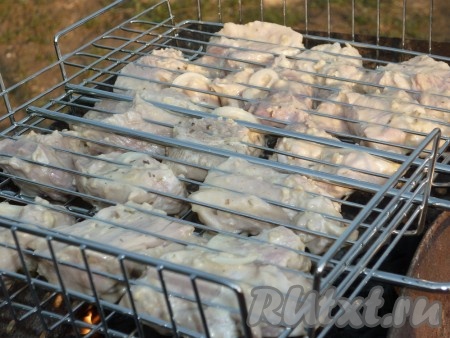 Замаринованные кусочки свинины выложить на решётку-гриль или нанизать на шампуры.