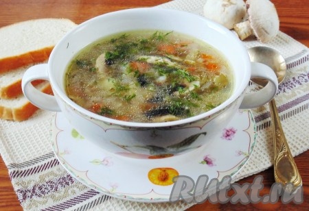 Вкусный, ароматный и сытный рассольник с грибами и солёными огурцами готов, разливаем по тарелкам и подаём к столу.